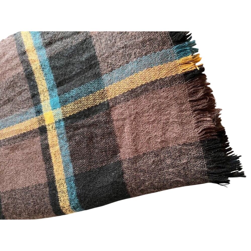 Lucky Brand Womens Scarf Multicolor Plaid Rectangle Wrap Fringe Long Knit 80"